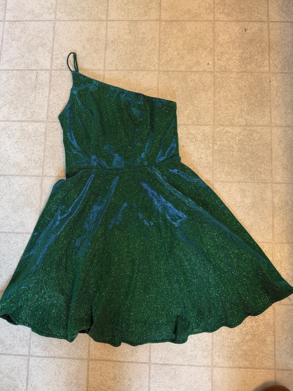 Lulu's Emerald One-Shoulder Sparkle Fit-and-Flare Dress